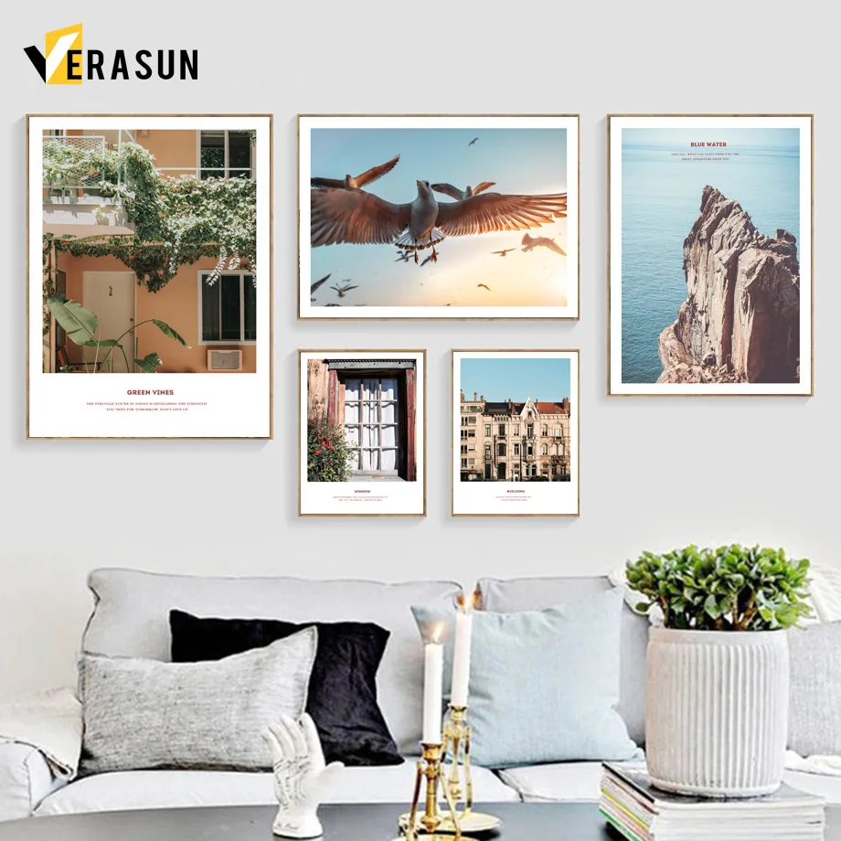 

Seagull Green Vines Building Sea Landscape Wall Art Canvas Painting Nordic Posters And Prints Wall Pictures For Living Room Deco