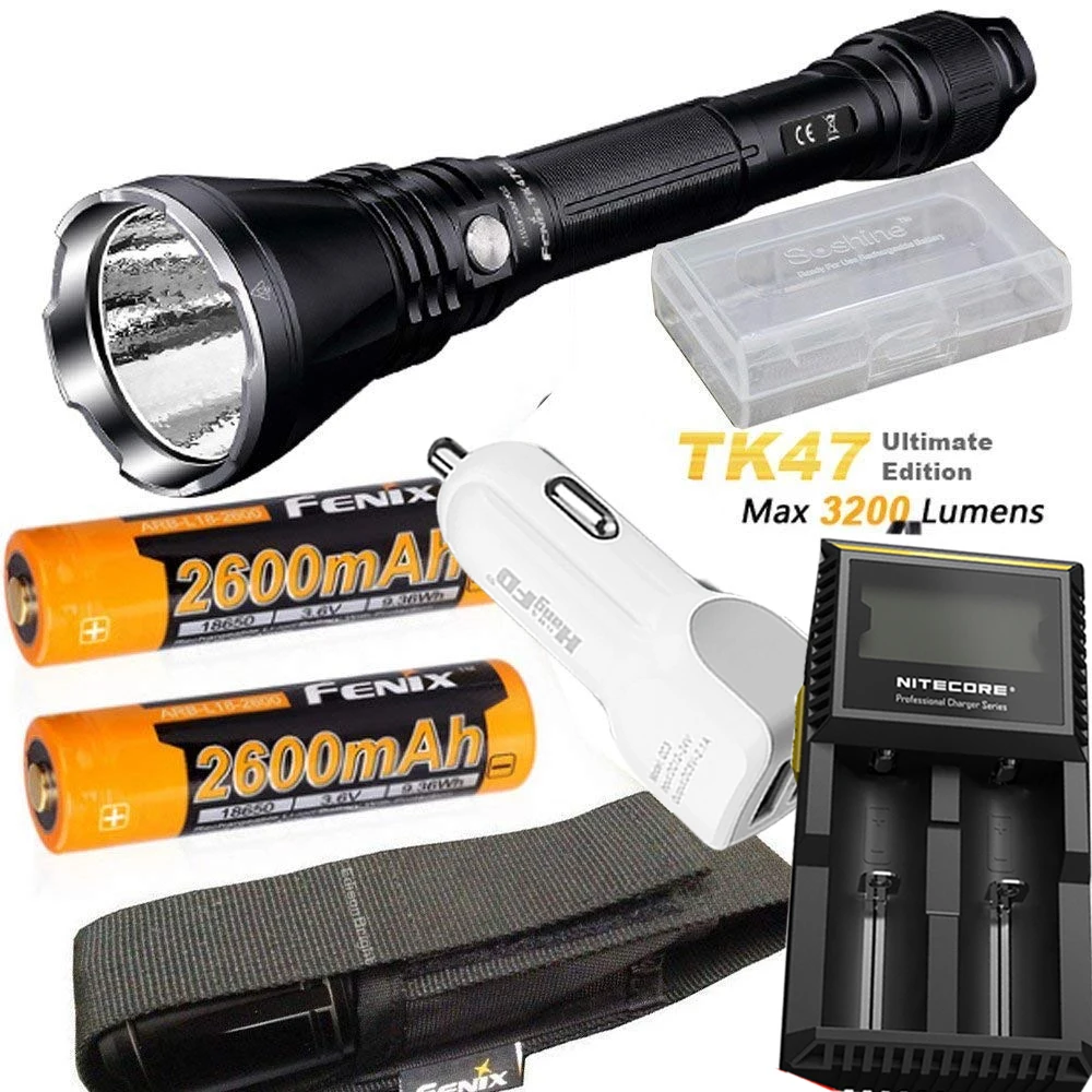 

Fenix TK47 UE Ultimate Edition 3200 Lumen LED Tactical Flashlight with ARB-L18-2600 battery, D2 charger,car charger