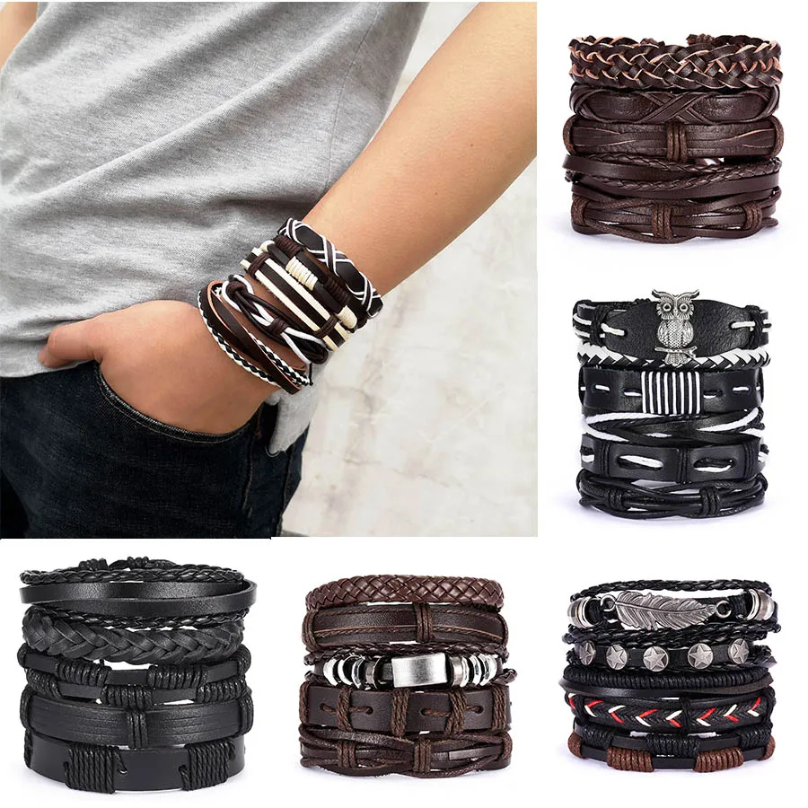 Men Leaf Leather Multilayer Bracelet Fashion Braided Handmade Star Knot