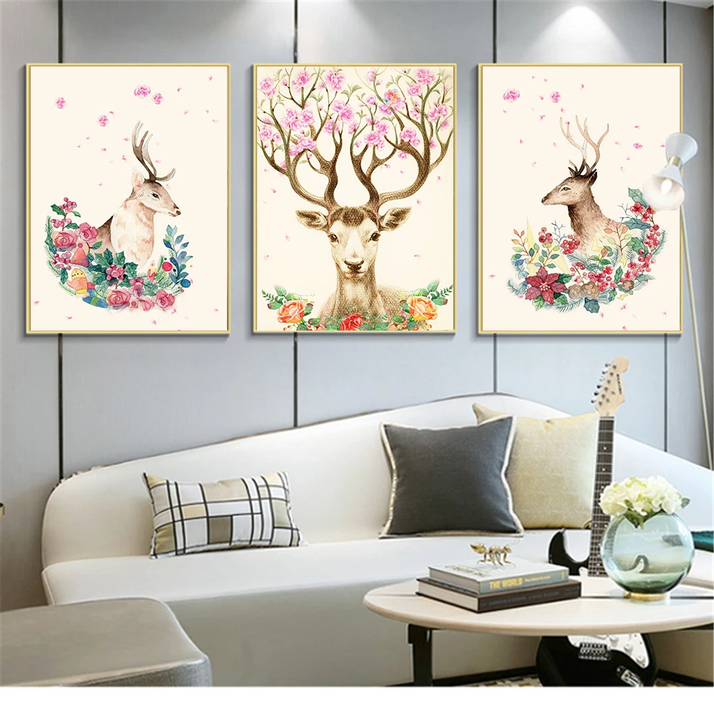 Flores-da-aguarela-Sika-Veados-N-rdico-Impress-o-Cartaz-Arte-Da-Parede-Da-Lona-Pintura (3)