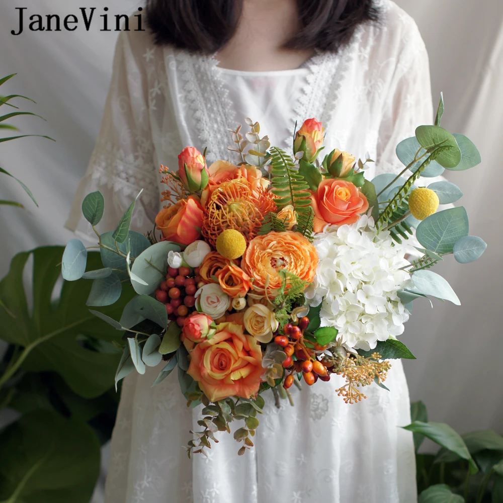 JaneVini винтажные оранжевые Свадебные цветы Свадебные букеты искусственный шелк Роза Пион аксессуары для подружек невесты Флер мариаж