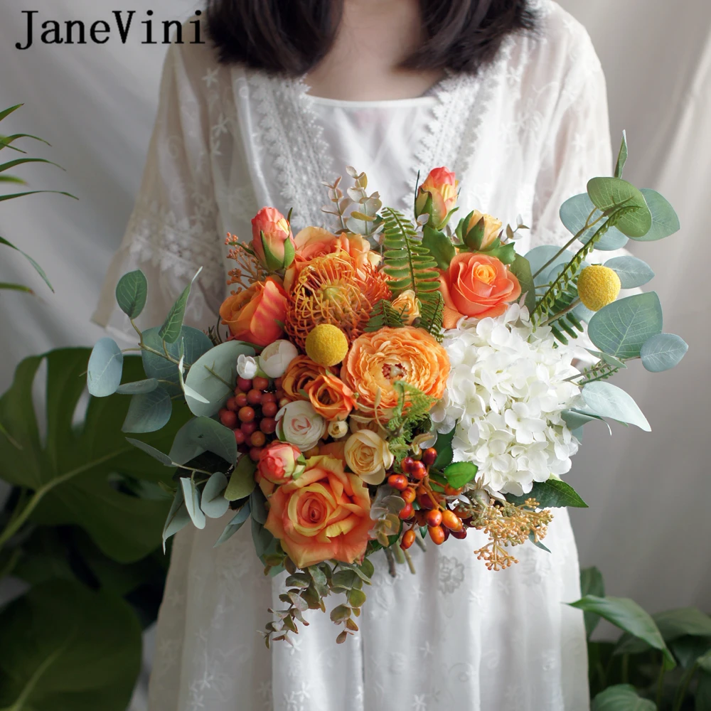 Janevini Vintage Orange Wedding Flowers Bridal Bouquets 2019 Artificial Silk Rose Peony Bridesmaids Accessories Fleur Mariage Wedding Bouquets Aliexpress