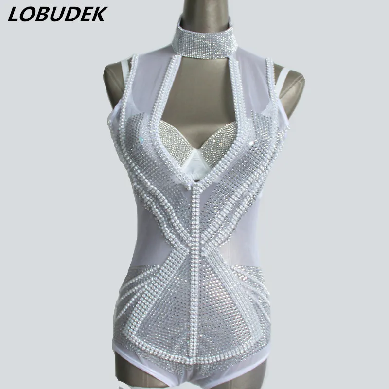 

Rhinestones Bodysuit Female costume Sexy Mesh Hollow out bodysuits Bar DJ singer dancer star stage performance outfit DS Costume