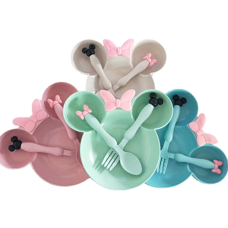

Wheat Straw Baby Dinner Bowl children cartoon tableware set kid dinner plate baby training Bowl spoon fork for dropping opp pack
