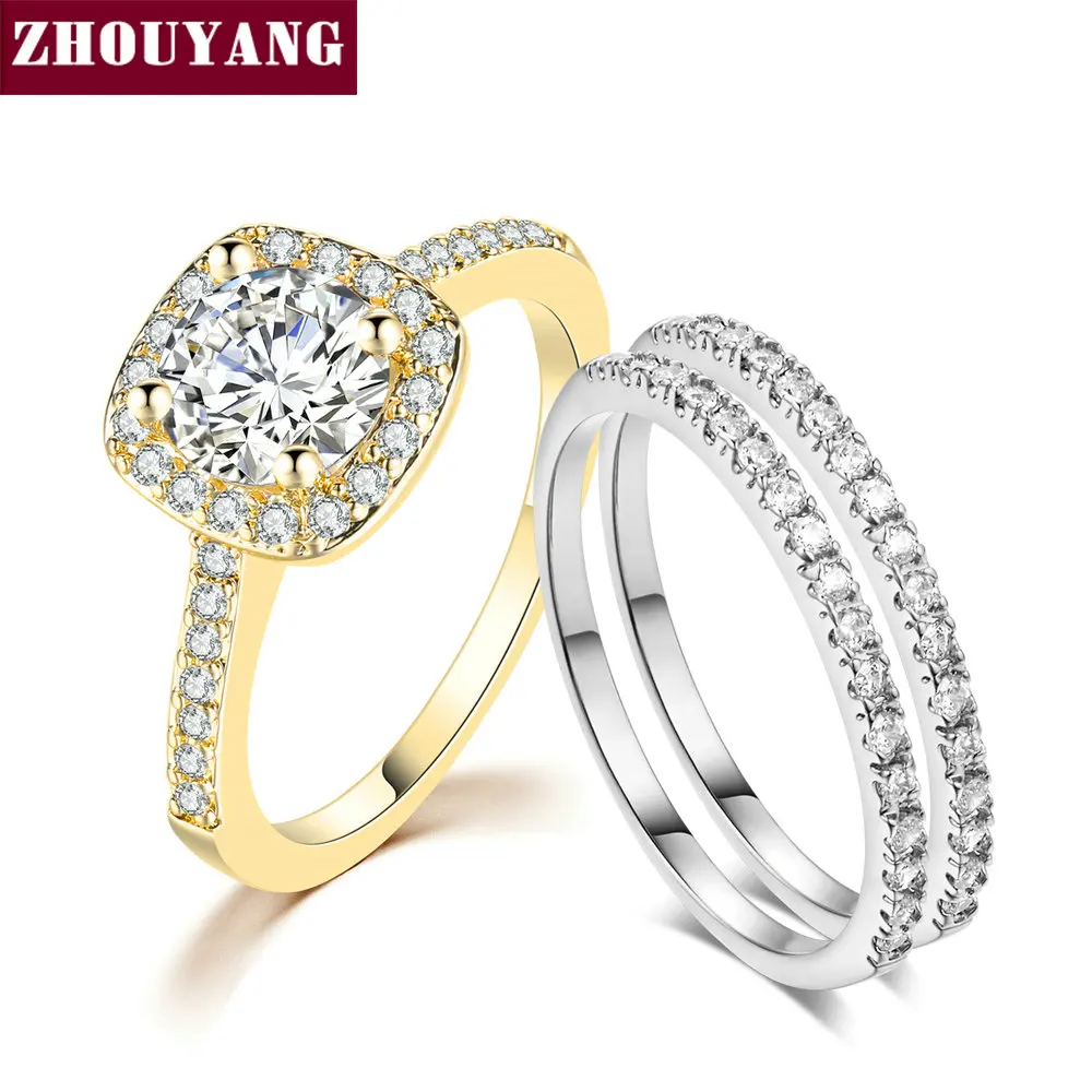 ZHOUYANG Engagem Wedding Ring Sets For Women Classic Round Cut AAA+ CZ Yellow Color Fashion Jewelry Chirstmas Gift SR559