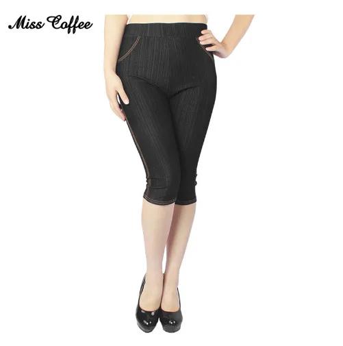 

2018 Summer Women High Elastic Sexy Faux Jeans Leggings Large Size 5XL Imitation Jeans Knee Length Pants Plus Denim Leggings