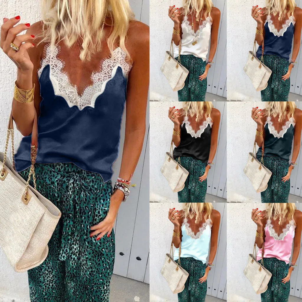

Women's Sleeveless Lace Panel Sling Top female Sexy V-Neck Lace Up Patchwork Sleeveless Tank Camis Tops camiseta mujer tirantes