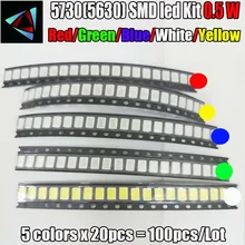 100 шт. = 5 видов цветов x 20 штук SMD 5730 5630 0,5 W светодиодный Диод кабельные наконечники в наборе для светодиодный Диод комплект зеленый/красный/белый/синий/желтый