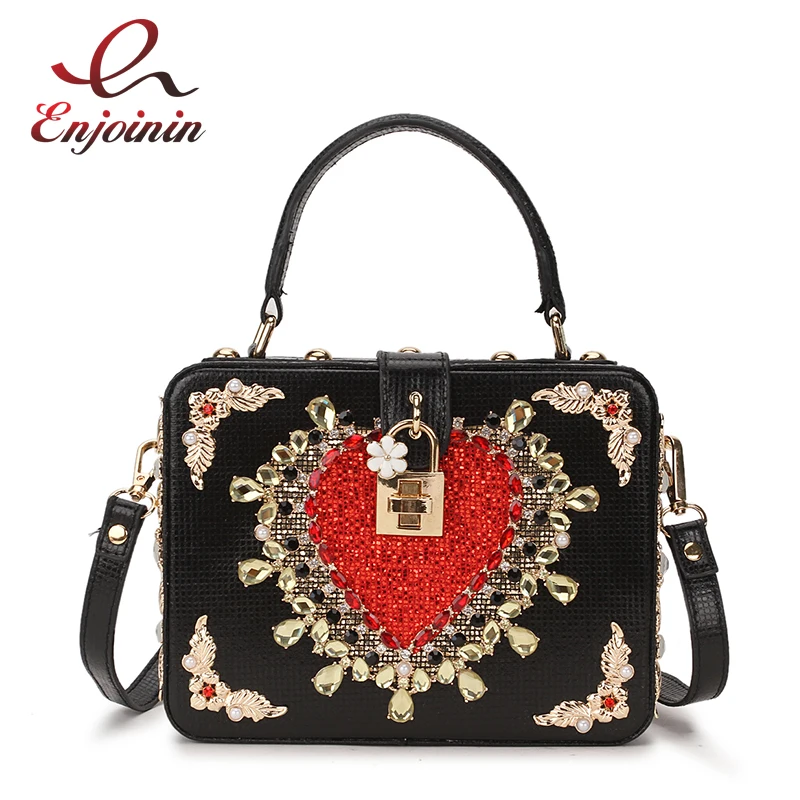 

New Design Box Shape Luxury Red Hearth Diamond Crystal Party Handbag Shoulder Bag Women's Crossbody Messenger Bag Female Bolsa