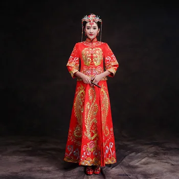 

Red wedding cheongsam Ancient marriage bride clothing gown traditional China Evening dress womens embroidery phoenix Qipao S-3XL