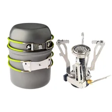 Outdoor Camping Hiking Backpacking Picnic Cookware Cooking Tool Set Pot Pan + Piezo Ignition Canister Stove travel Cookware