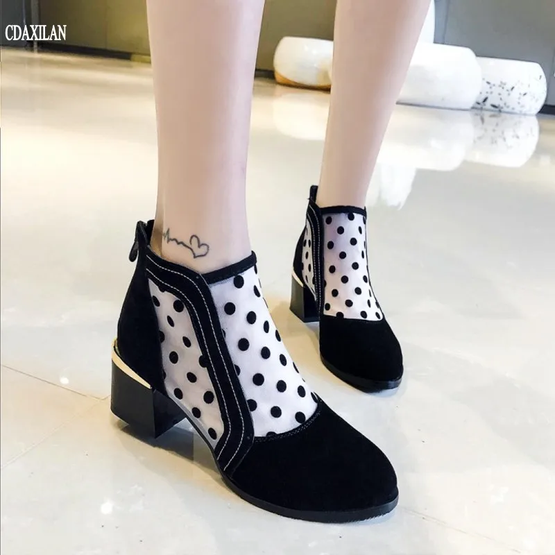 

CDAXILAN new arrivals ankle boots women short boots motorcycle breathable mesh nubuck leather middle heels shoes Ladies summer