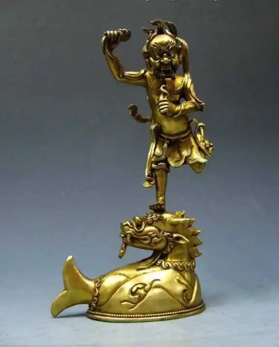 

13 INCH Chinese myth Vintage Pure Bronze Gild Xing Kui God Statue on Dragon Fish