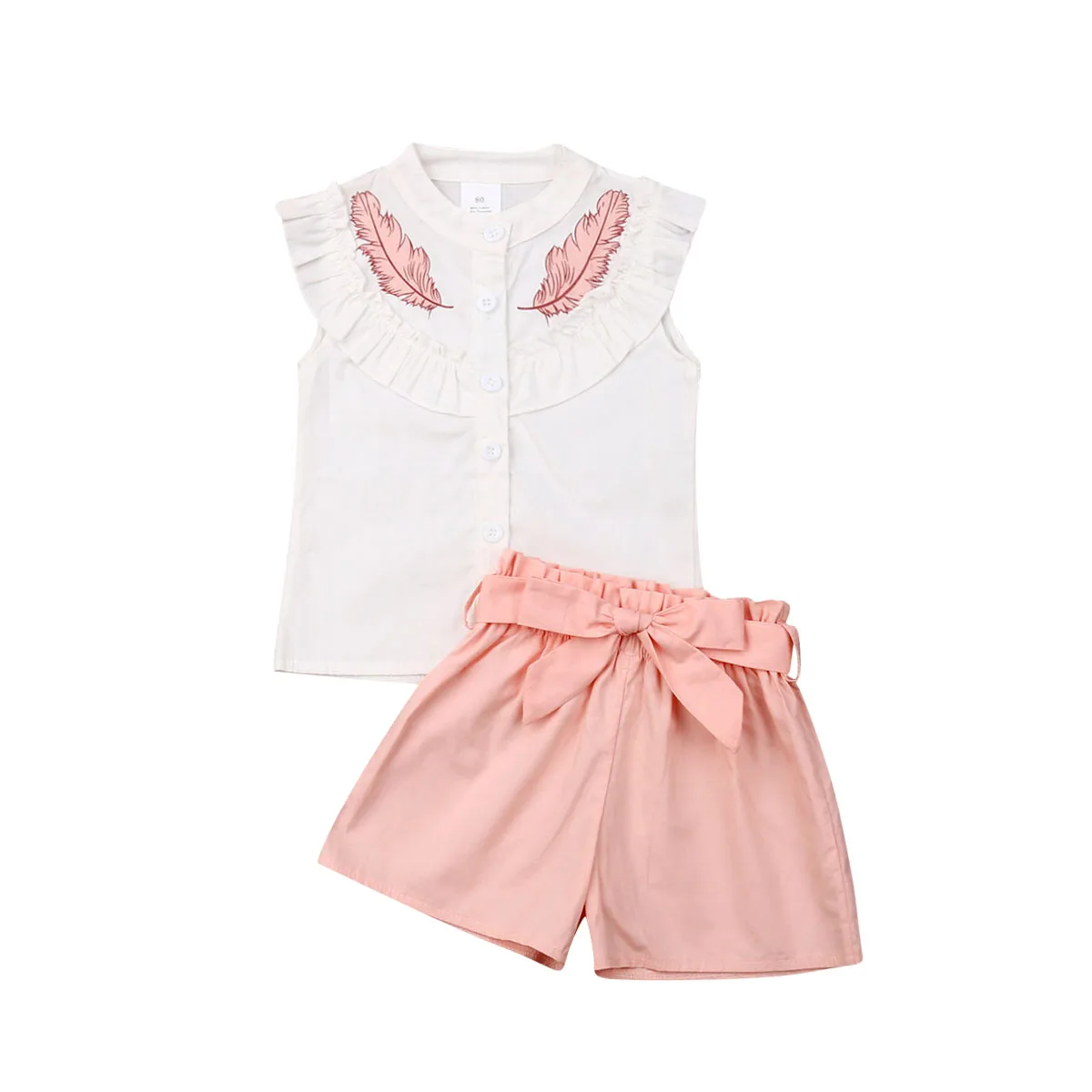

2019 Cute Toddler Kids Baby Girl Shirt Ruffle Sleeveless Feather Tops Pants Shorts 2PCS Summer Outfit