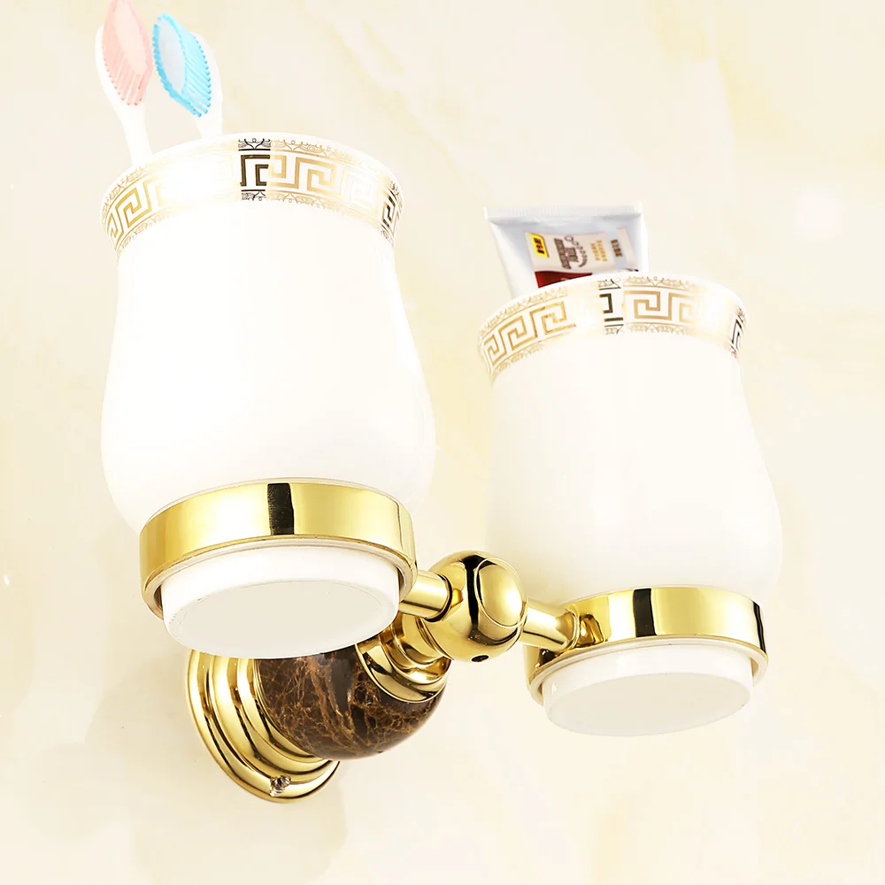 

Vintage Gold Plating Jade Copper Cup Holder Polished Toothbrush Holder Ceramic Cup Wall Mount Bathroom Accessories om1