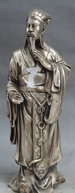 

China Silver Famous Militarist Militarist Zhu GeLiang Chu-Ko Liang Stand Statue S0706