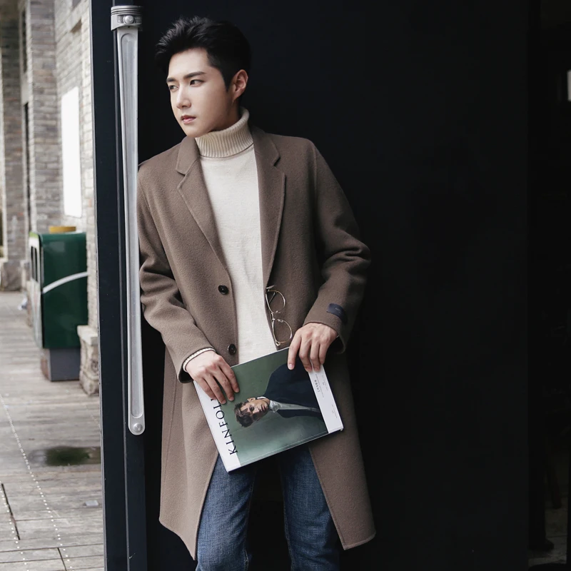 

2018 Autumn Winter New Style Long Coat Woolen Single-breasted Camel Casual Men's Jacket Handmade Personality Fashion Youth Urban