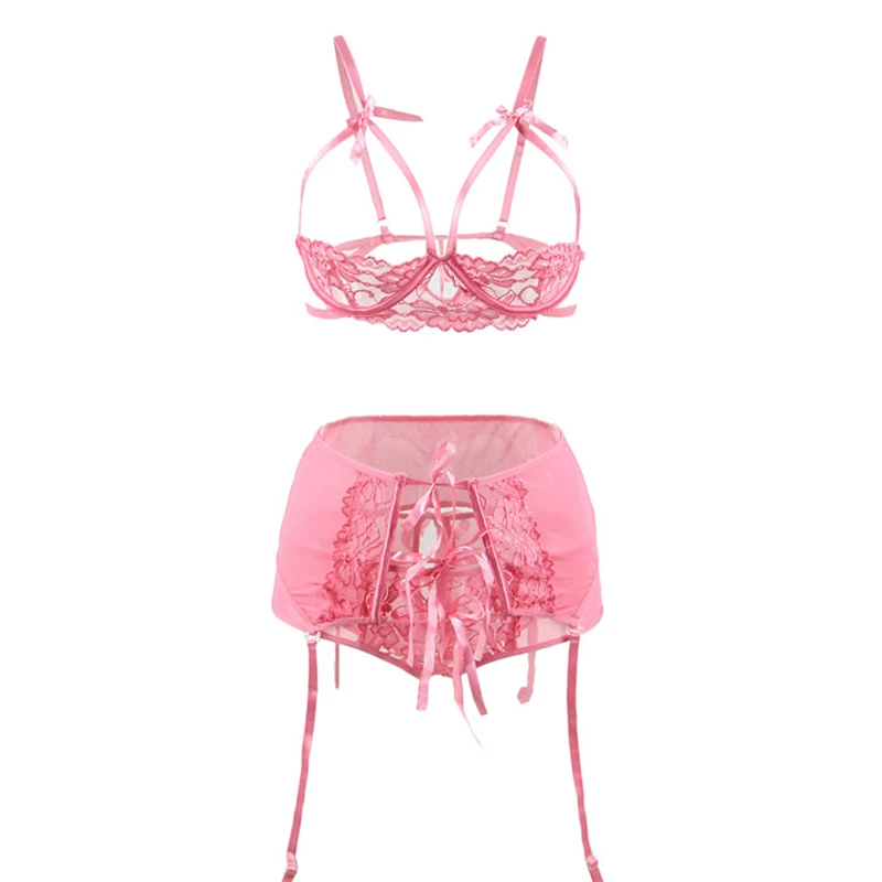 Exotic Open Cup Crotchless Women Lingerie Set With Bra+Garterbelt+Panty