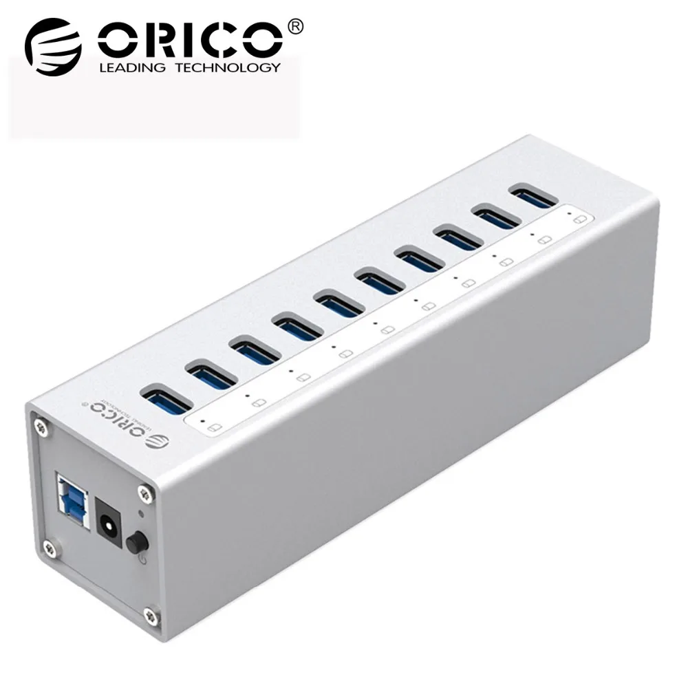 ORICO A3H10-SV Aluminum 10 Ports USB3.0 HUB High Speed 5Gbps Splitter with 12V Power Adapter Support Hot-swapping - Silver ORICO A3H10-SV Aluminum 10 Ports USB3.0 HUB High Speed 5Gbps Splitter with 12V Power Adapter Support Hot-swapping - Silver