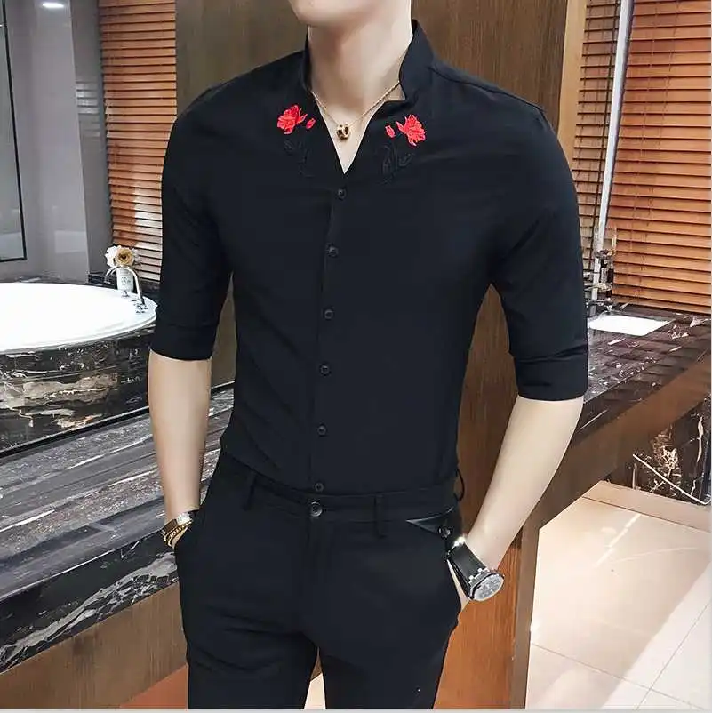Модный бренд г. мужские повседневные высокого качества легкий уход Fit пиджаки мужской тонкий Корея стиль цветок Embroideried v-образным вырезом рубашки