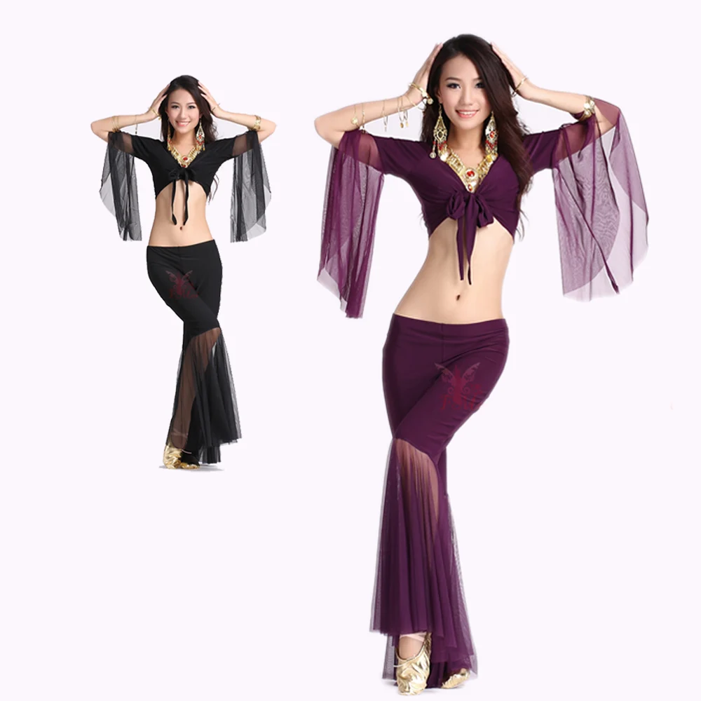 

HOT SALE! mesh speaker sleeves belly dance set women 2pcs top and Five point trousers belly dance suit 12colors M and L