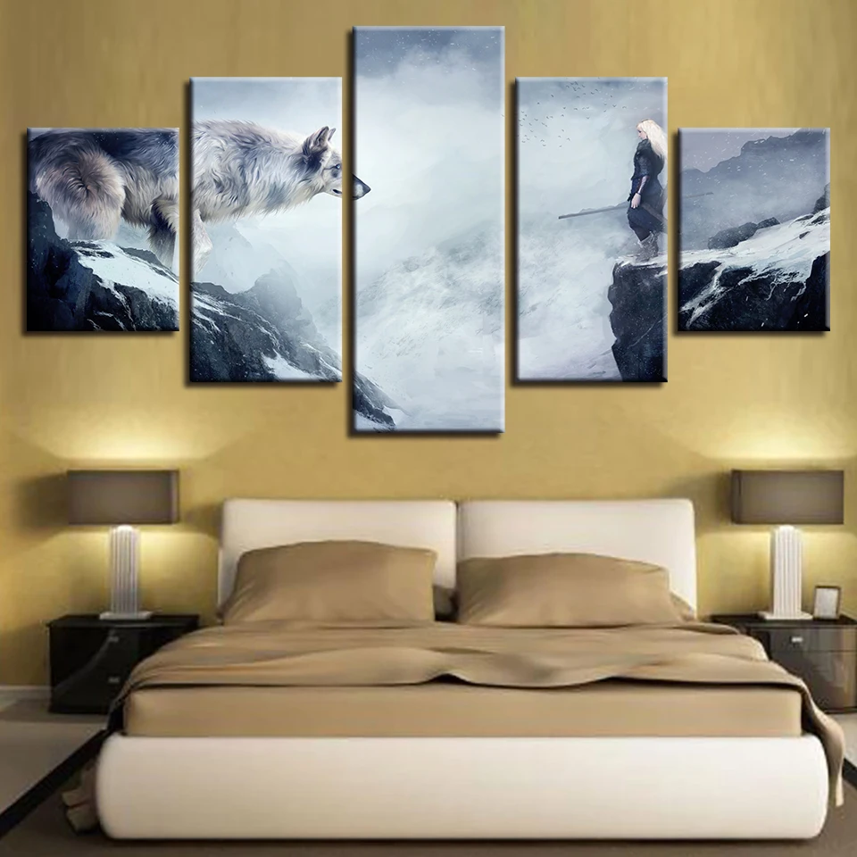 

Painting Wall Art Poster Frame HD Printed Canvas Modern 5 Panel Wolf And The Moon Landscape Living Room Pictures Home Decor