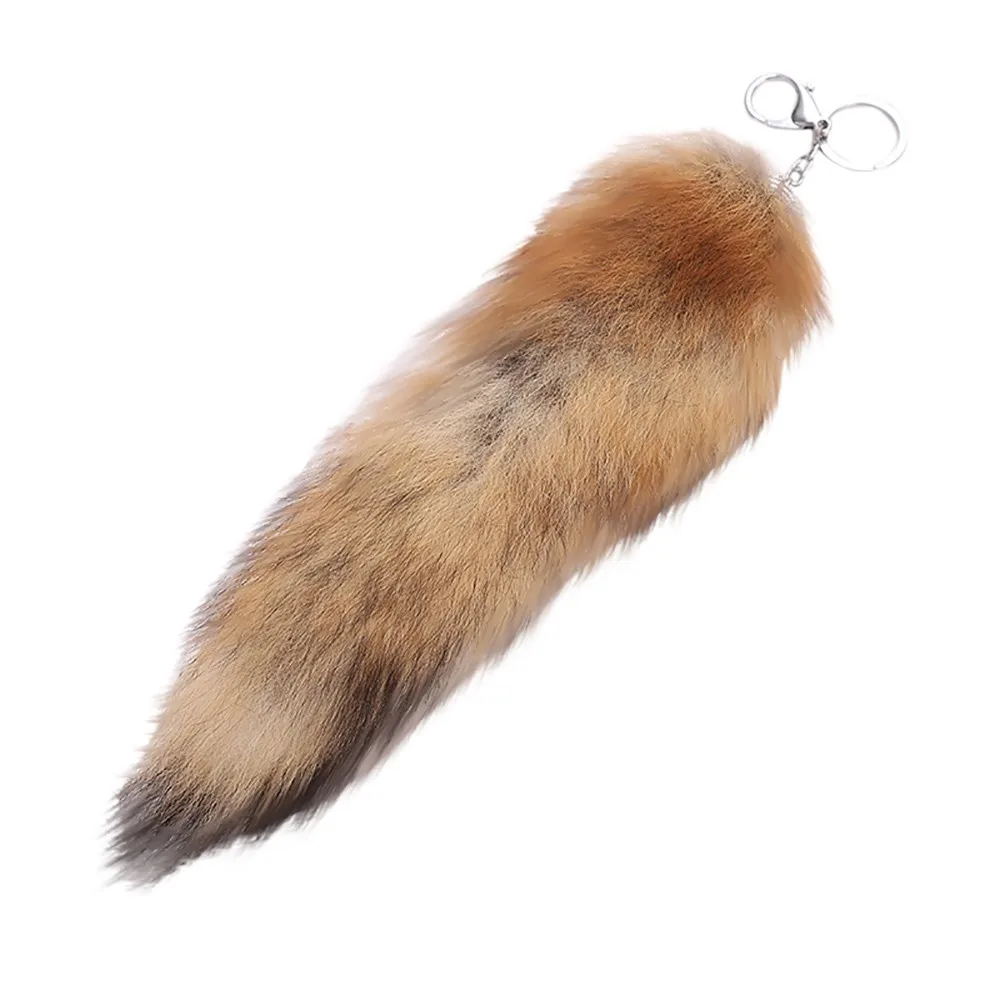 Cute Fox Tail Keychain Pendant Women Key Ring Holder Pompoms Key Chains - Color: Khaki