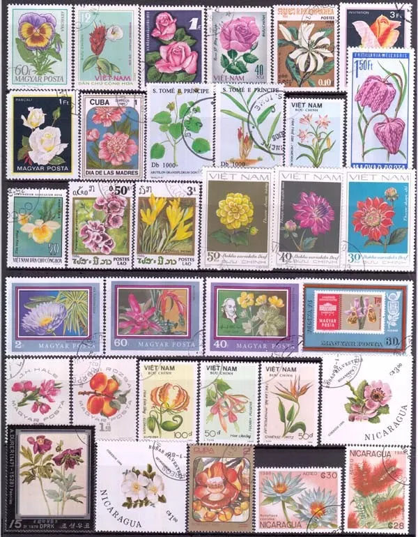 50 шт. почтовые марки в виде цветов без отвода в хорошем состоянии для коллекции по всему миру