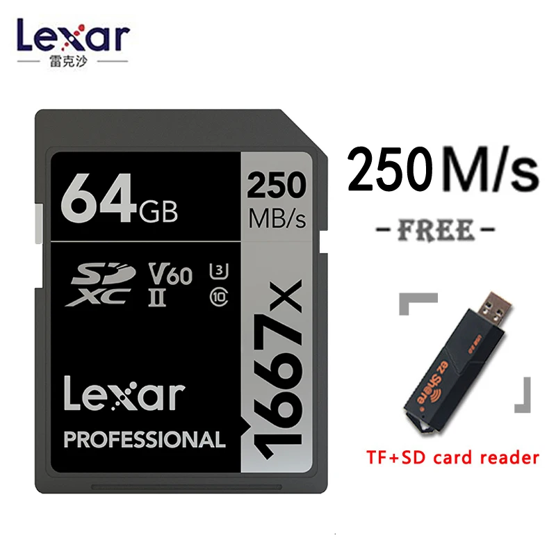 Lexar 1667x128 Гб 64 Гб V60 250 МБ/с. sd карты 256 ГБ SDXC UHS-II U3 флэш-карты памяти высокой скорости для 3D 4K HD видео