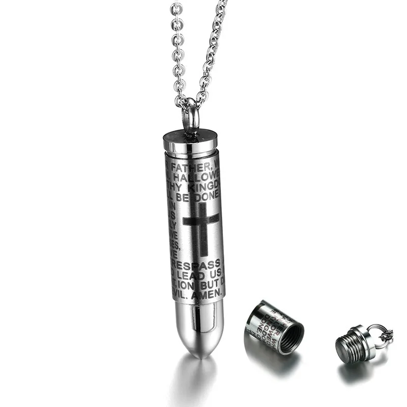 

Men's Lord's Prayer Cross Bullet Cremation Pendant Necklace for Men Jewelry Stainless Steel Ashes Urn Male Jewellery 20 inch
