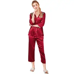 Daeyard Мода сна Lounge для женщин Шелковый пижамный комплект кружево лоскутное рубашки для мальчиков и брюки девочек 2 шт. Весна пижам