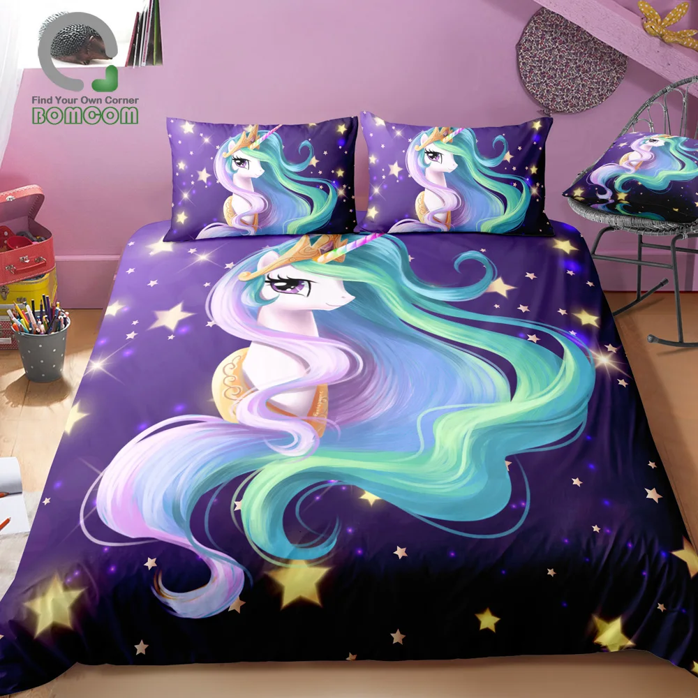 

BOMCOM 3D Digital Printing Rainbow Unicorn Fairytale with Mandala Paisley Background Bedding Sets 100% Microfiber blue
