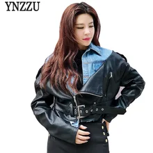YNZZU, дизайн, осенняя джинсовая Лоскутная женская кожаная куртка, пальто, шикарная Повседневная мотоциклетная Женская куртка из искусственной кожи, уличная одежда, YO602