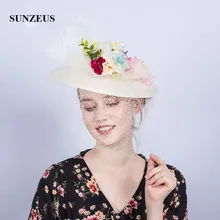 Ручная работа цветы Свадебная шляпа с лицевая вуаль льняная шляпа элегантная женская Свадебная шляпка перья цвета слоновой кости кружевное головное украшение SH91