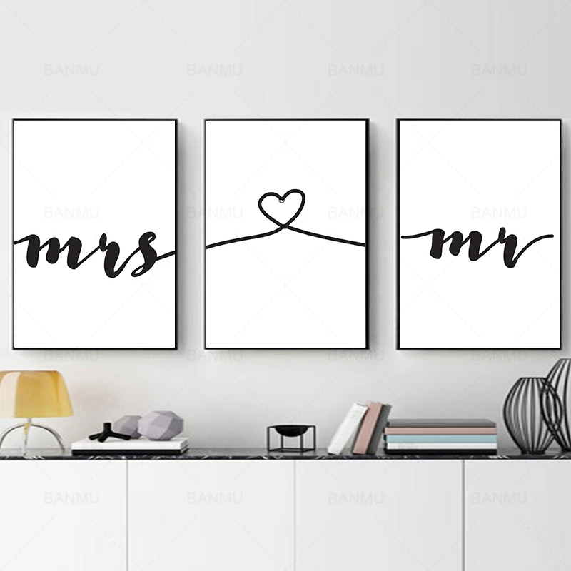 Скандинавский современный черно белый Принт Mr Mrs Love на холсте постер настенная