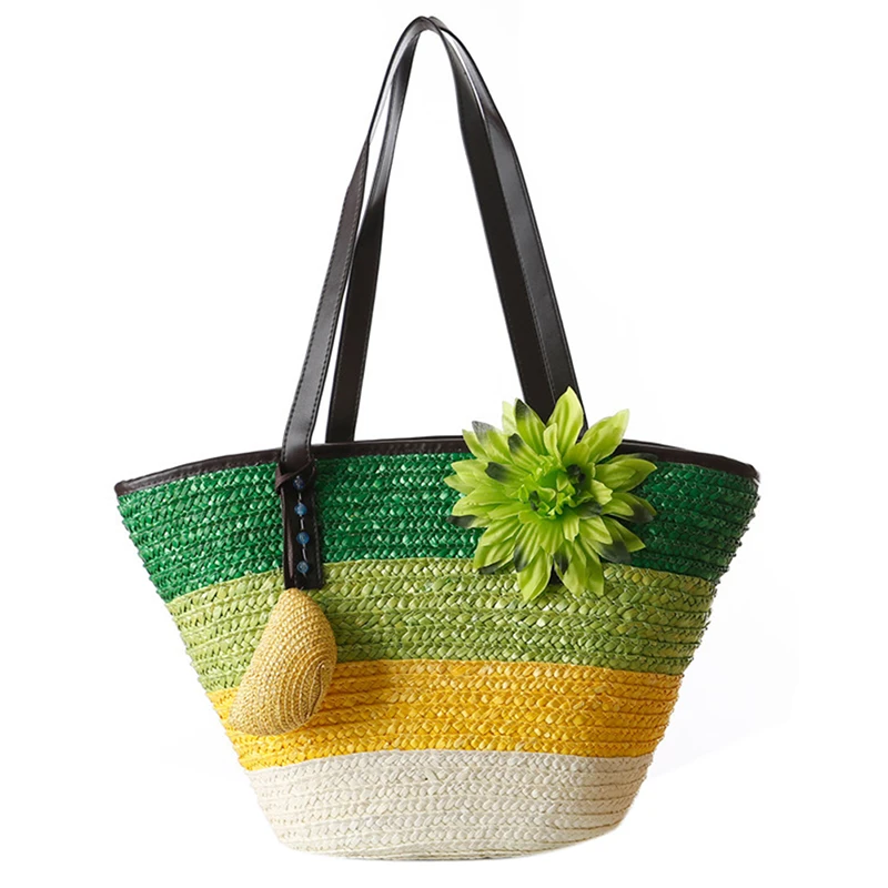 

Knitted Straw bag Summer flower Bohemian fashion women's handbags color stripes shoulder bags beach bag big tote bags Green