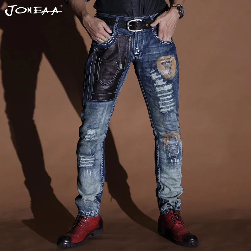 mens jeans with leather pockets