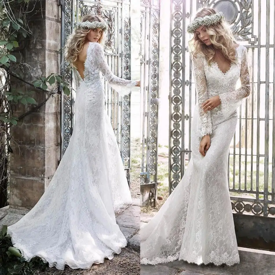  Bohemian  Lace Wedding  Dresses  Backless V Neck Long  Sleeve  