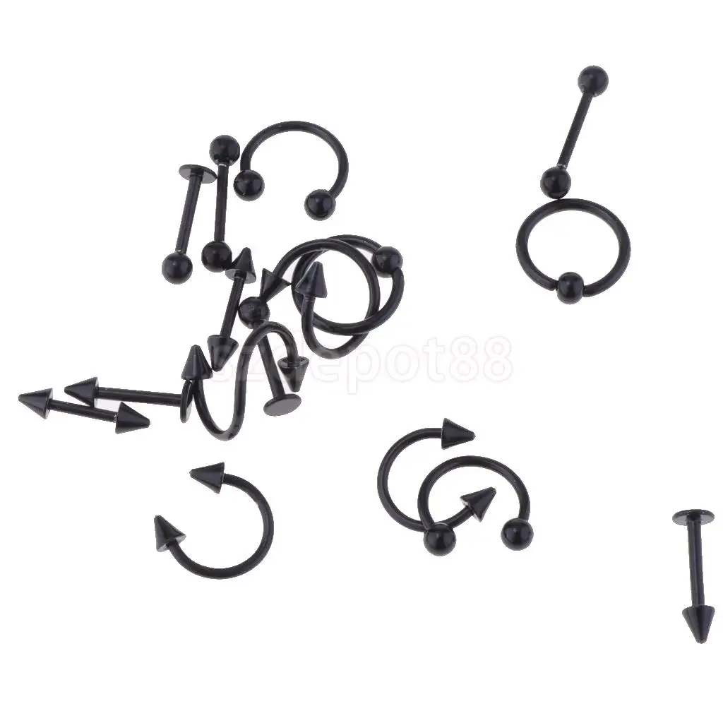16 Pieces 16g Stainless Steel Assorted Eyebrow Ear Lip Navel Ring Body Piercing Kit
