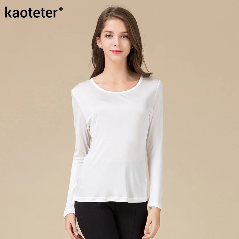 Skup 100% czysty jedwab kobiet koszulki z długim rękawem kobiety O Neck kobiet podstawowe dzikie najniższy Femme koszulki topy moda kobieta