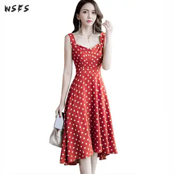 

Summer Dot Dresses Red Yellow Spaghetti Strap Sashes Womens Dress Hollow Out Bow Bandage Sexy Patry Long Midi Aline Sundress