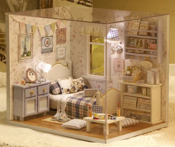 

DIY Dollhouse Miniature Scene House With Furnitures LED Light Dust Cover House Toy for Children Assembly Wooden Model Doll House