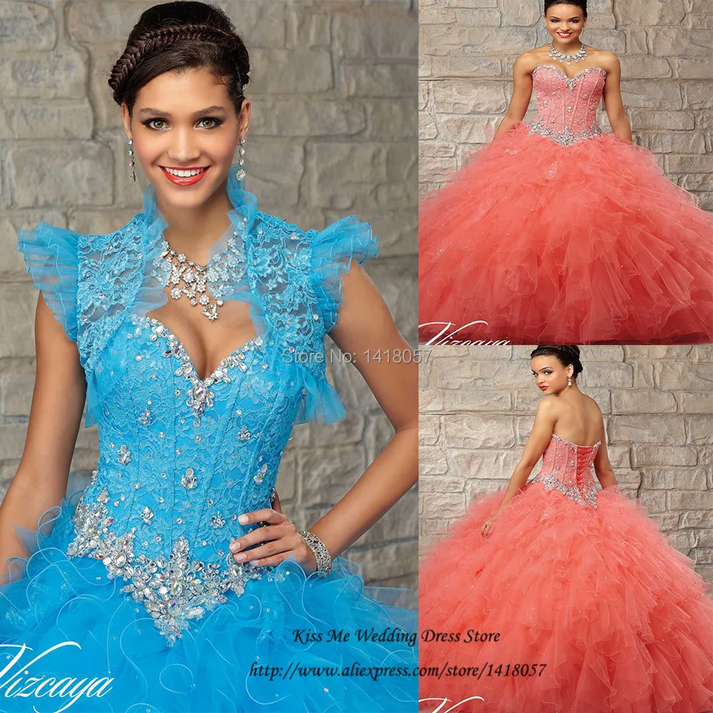 

Blue Orange Organza Masquerade Quinceanera Dresses Ball Gowns Lace Crystals Dress for 15 Years with Jacket Vestidos Debutante
