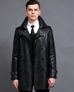 Классическая модная мужская Тонкая кожаная куртка, пальто средней длины, весна-осень, мужское кожаное пальто, верхняя одежда, S-5XL - Цвет: Черный