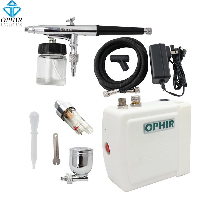 OPHIR Body Paint Airbrush Set 0.3mm Dual Action Airbrush Kit with Air Compressor for Cake Decorating Nail Art Tool_AC003+005+011