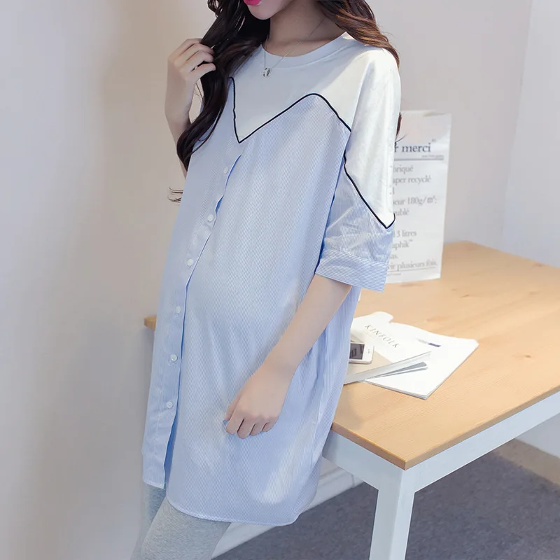 

Summer Short Sleeve Shirt Dress For Pregnant Women Tshirt Dress Casual Dresses Women Striped Patchwork Pregnant Clothing Y748