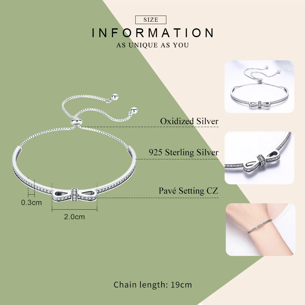 Tanie WOSTU New Arrival 925 Sterling srebrna iskrząca Bowknot łańcuch regulowana bransoletka typu bangle dla kobiet S925 biżuteria prezent CQB108