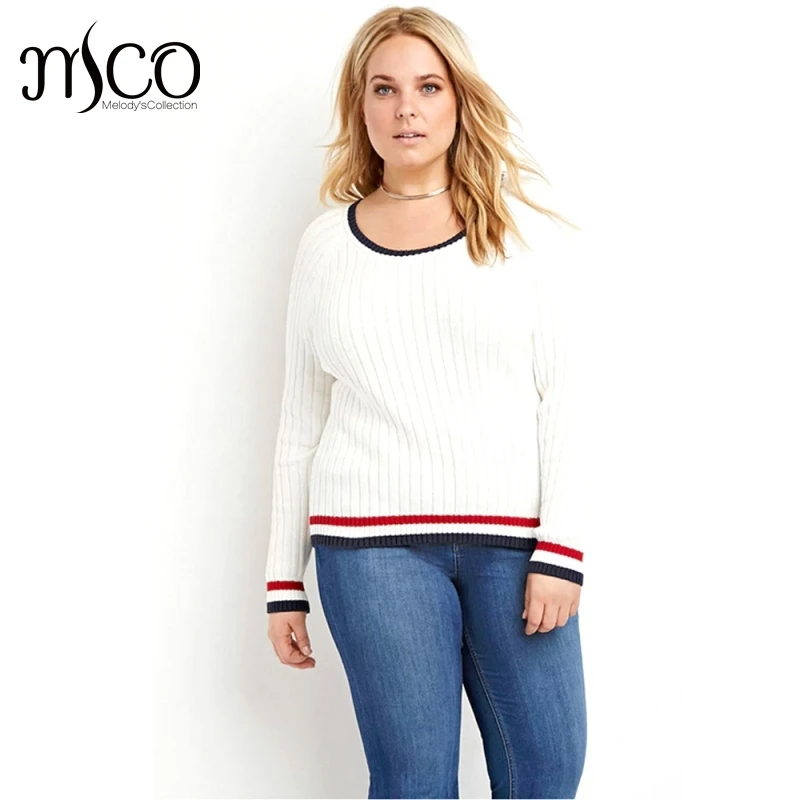 Basic Long Sleeves White Contrast Hem Jumper Plus Size Chunky Ribbed