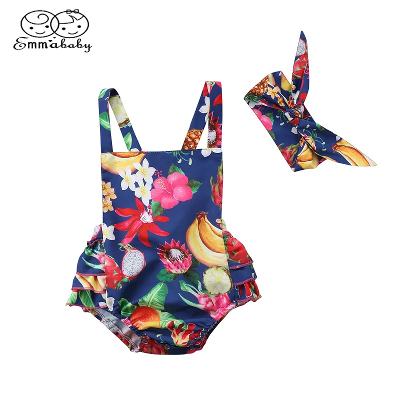 

Emmababy Cute Newborn Infant Baby Girl Floral Summer fruit Print Romper Backless Jumpsuit Playsuit Headband Outfit Clothes 0-24M