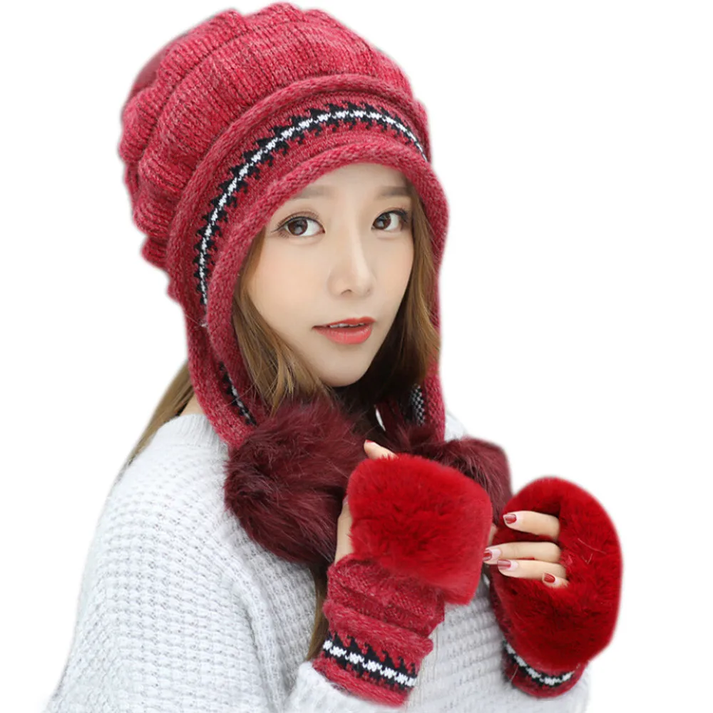 Осенне-зимняя женская шапка, шапки, вязаный шерстяной теплый шарф, толстый ветронепроницаемый подшлемник, многофункциональная шапка, шарф, набор для женщин D19 - Цвет: Red